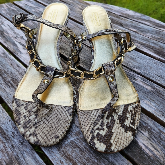 Coach Honora Python Snake T-Strap Wedge Sandals 11 - Picture 2 of 6
